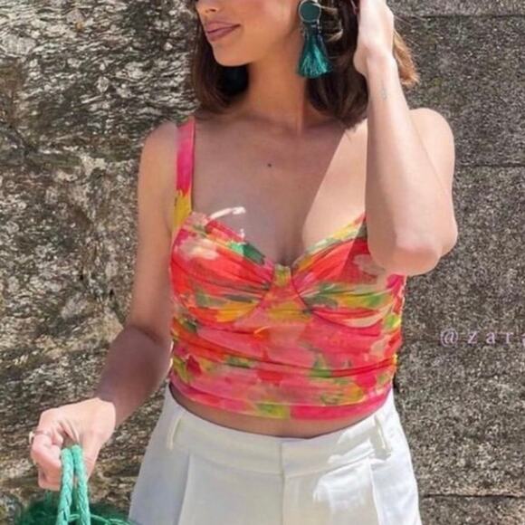 Zara Floral Pink Mesh Bustier Corset Ruched Crop Top Size Small - Picture 2 of 10